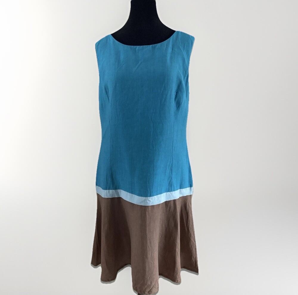 VTG 90s Italian Linen Colorblock Summer Dress — 42 Turquoise & Brown Contrast